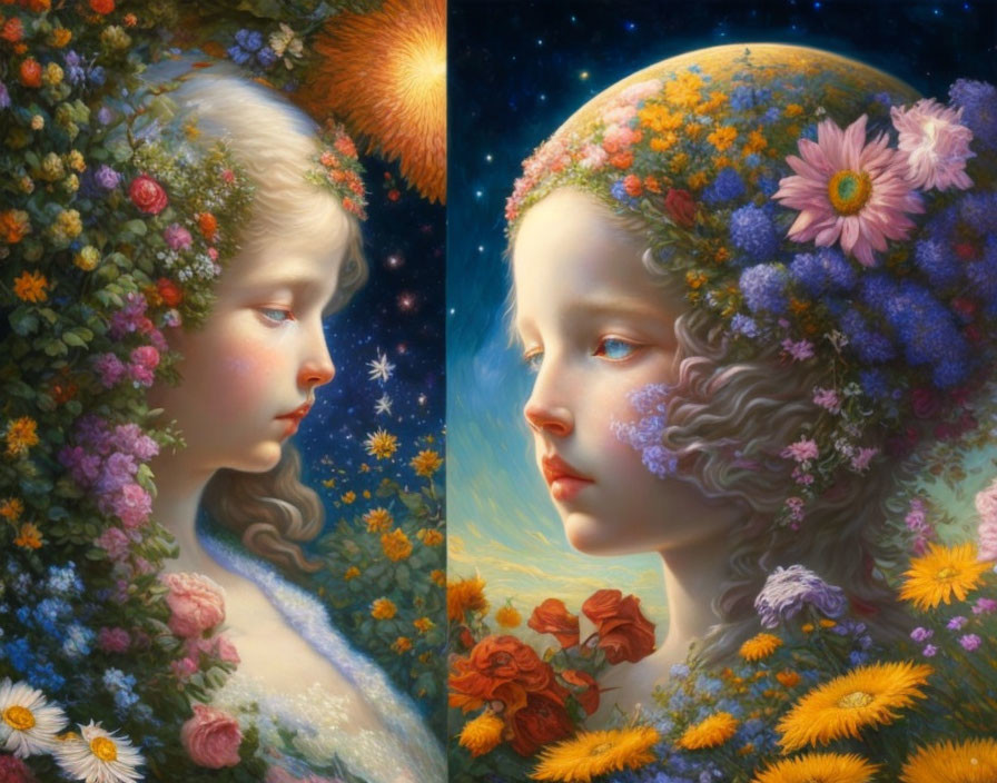 Surreal portrait featuring two girls with intertwined flora and celestial elements