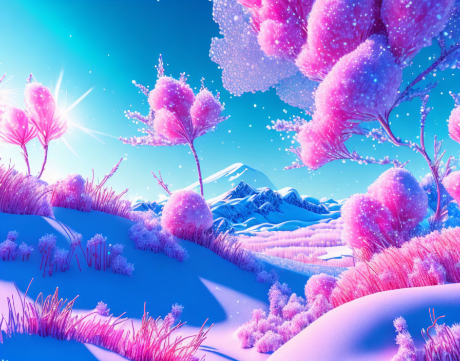 Vibrant pink foliage in fantastical winter landscape