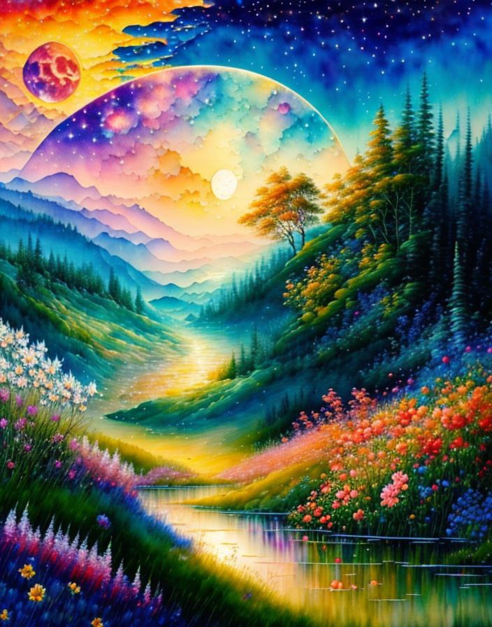 Colorful Painting of Mystical Landscape with Mountains, Moon, River, and Floral Fields