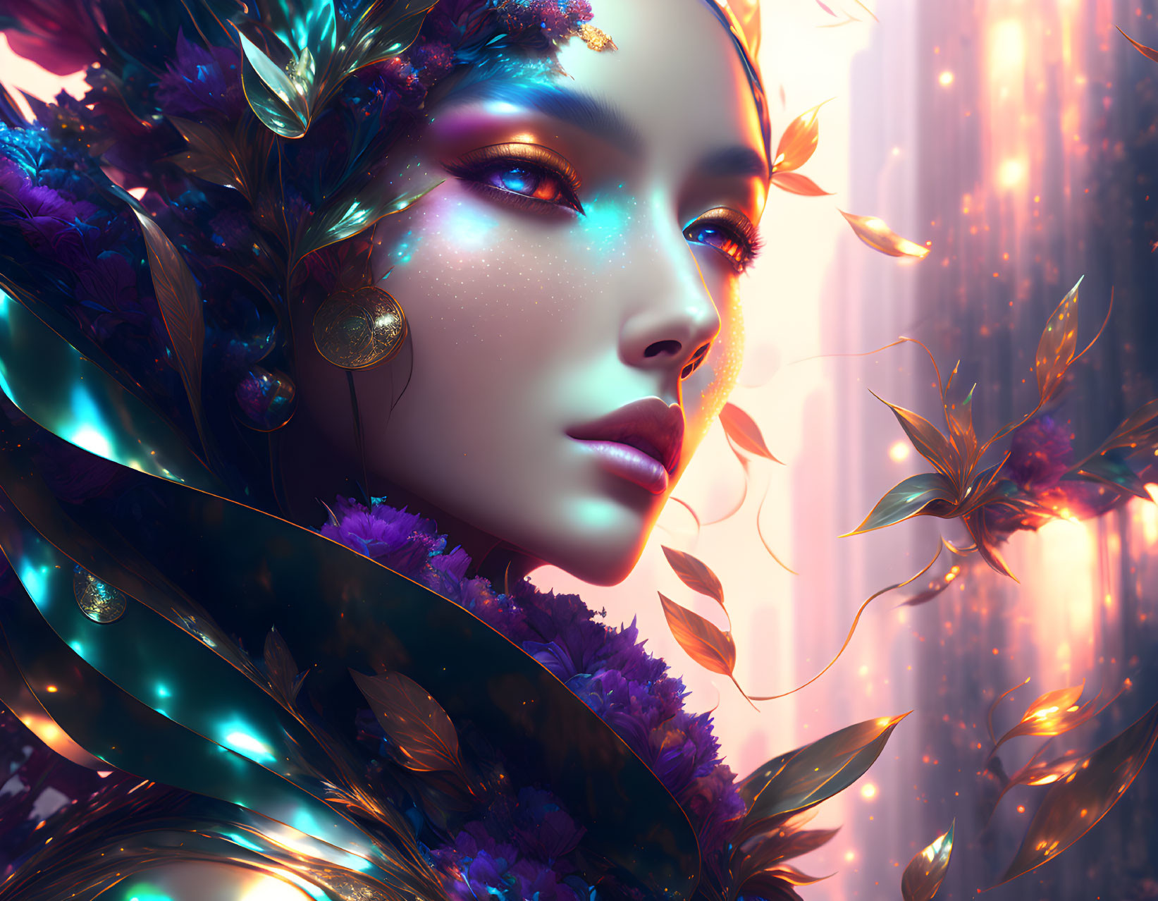 Fantastical woman with iridescent skin and feather-like adornments in glowing light