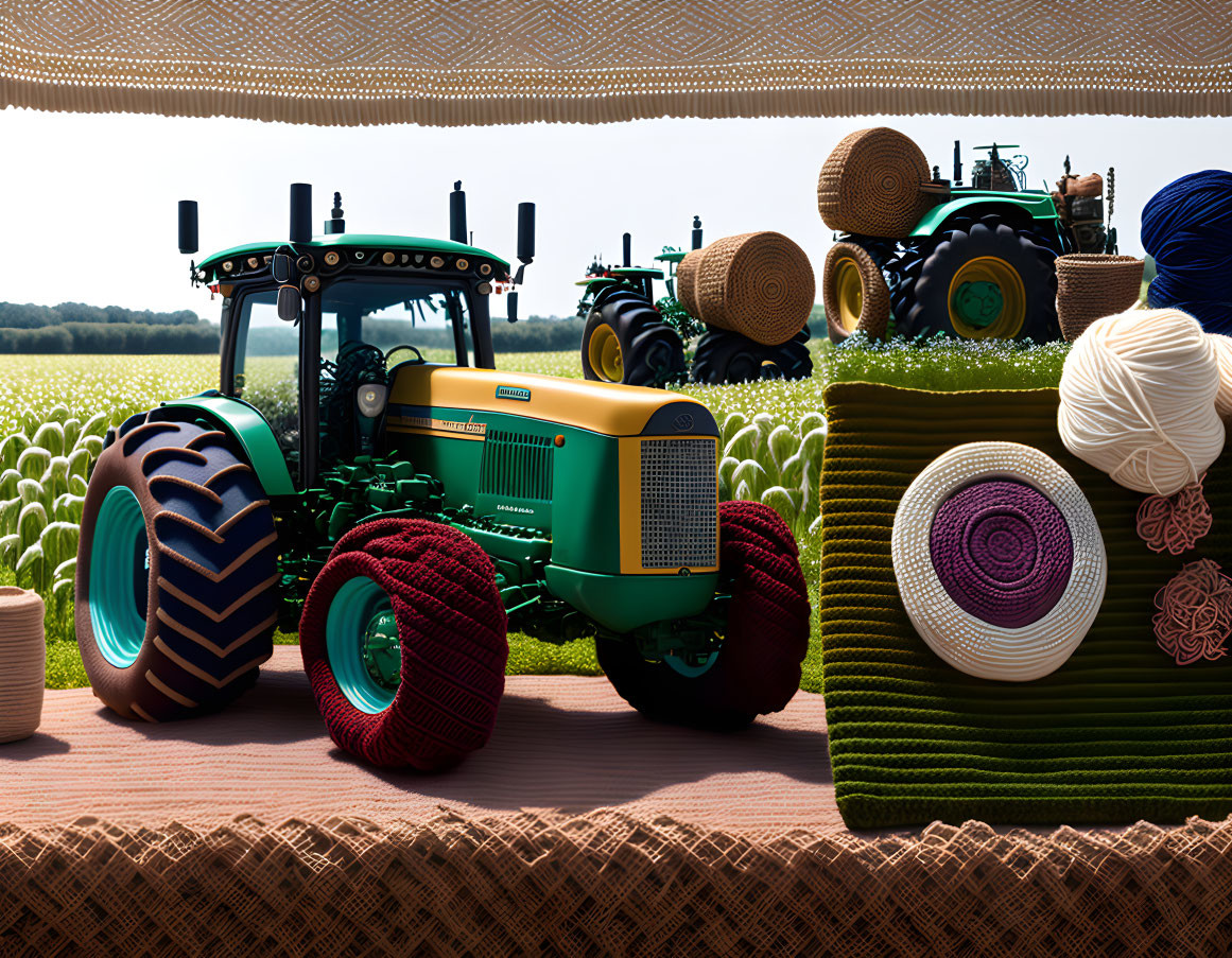 Yarn-Wheeled Tractors in Surreal Knitted Field