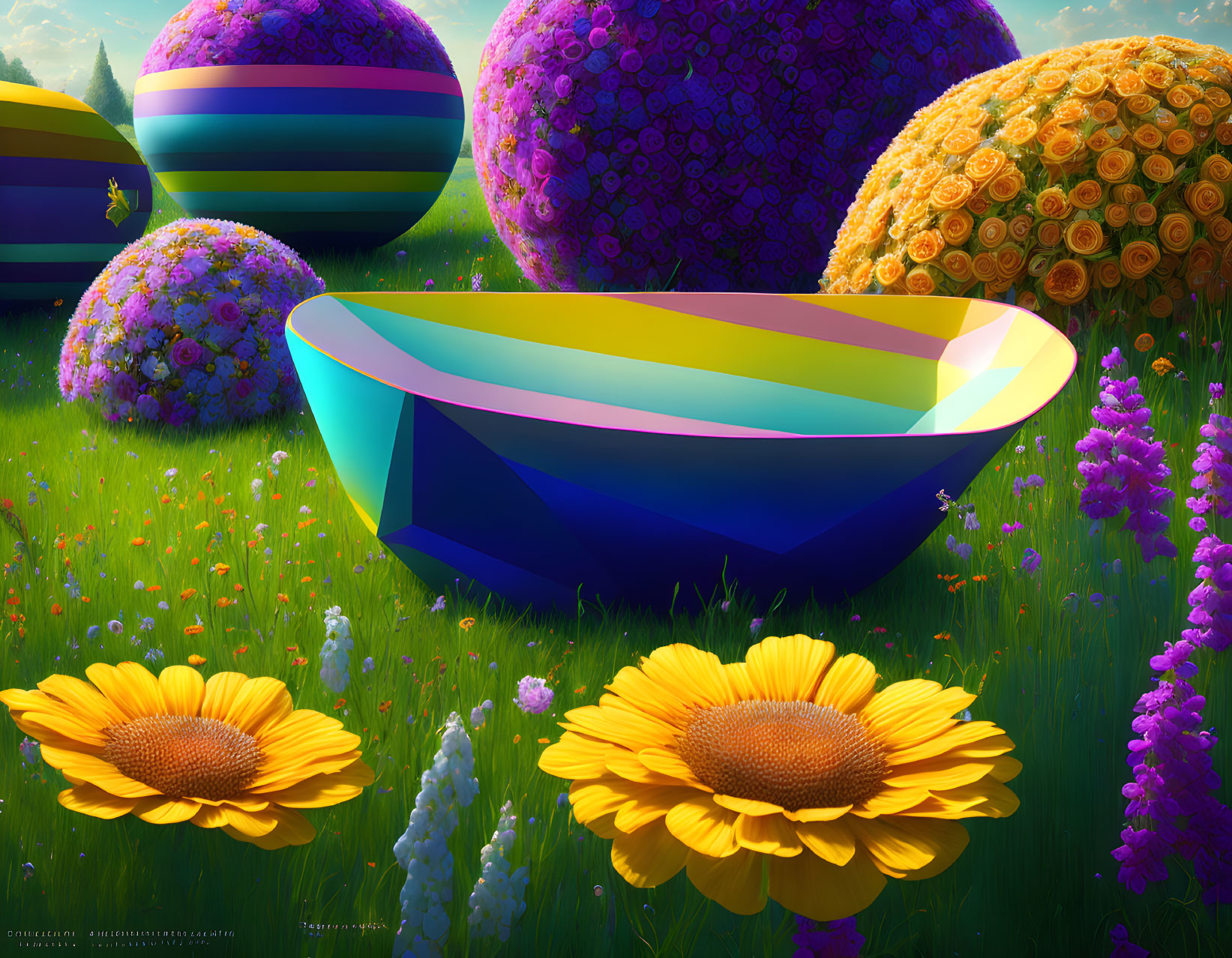 Colorful surreal landscape with oversized flowers and abstract bowl