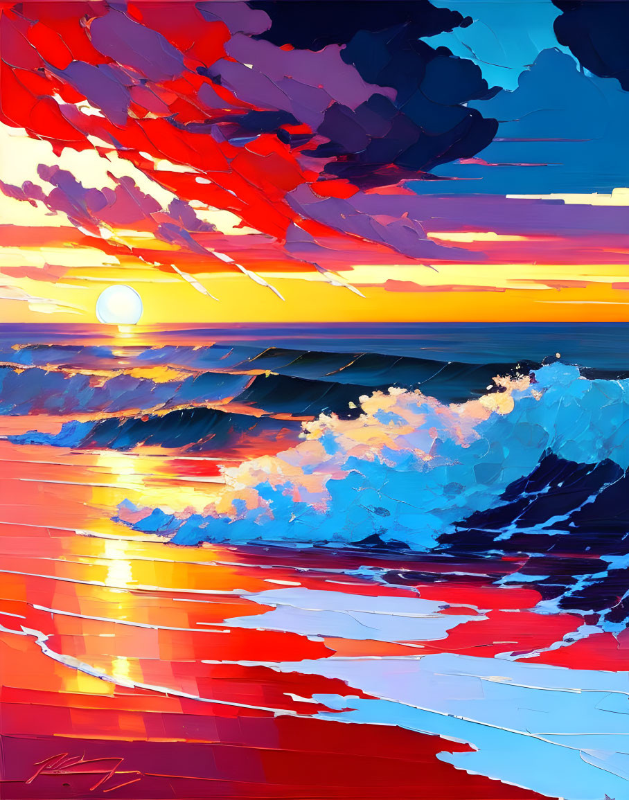 Colorful sunset painting with red, blue, and gold hues over ocean and stylized clouds