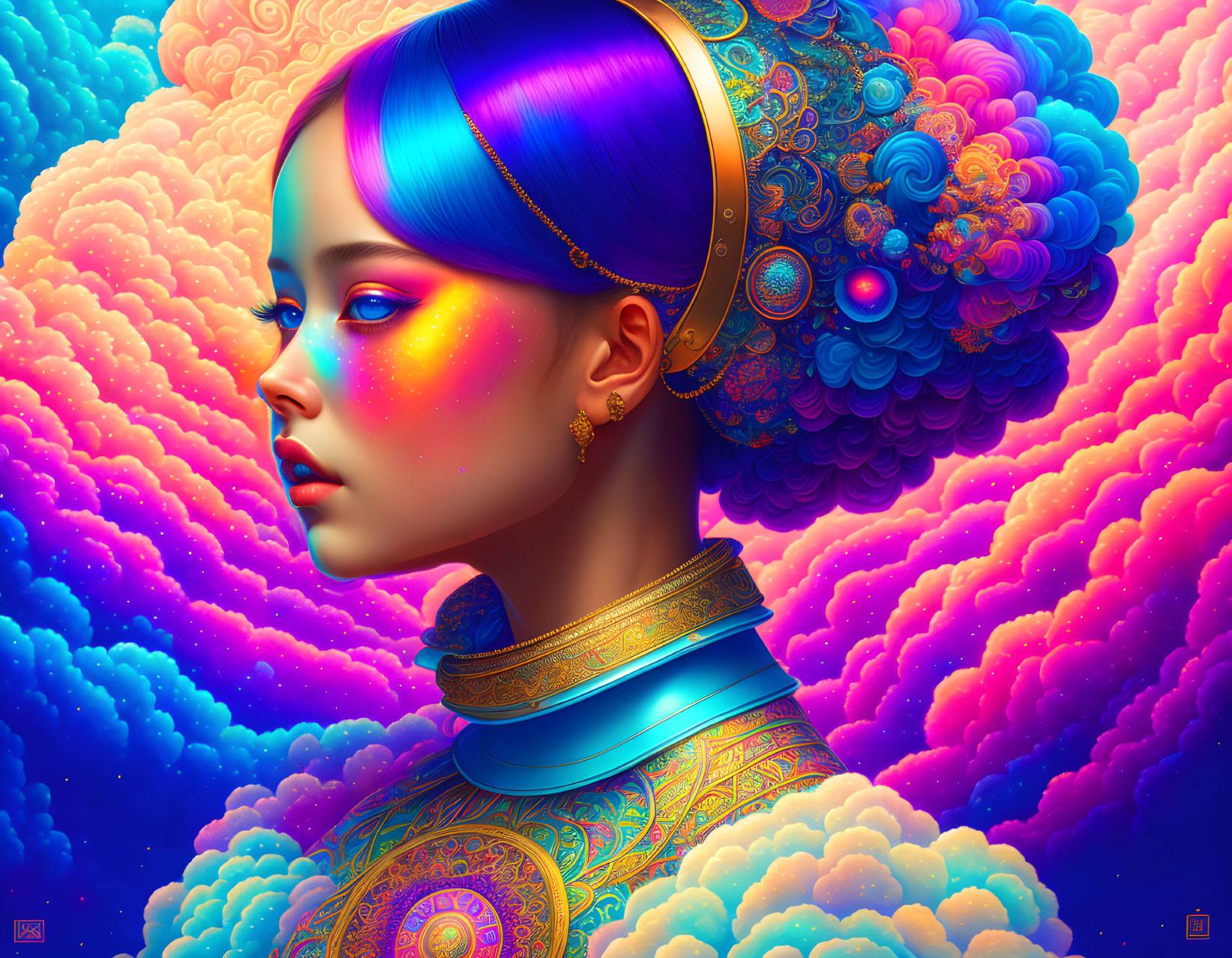 Vibrant illustration of woman with blue hair in ornate attire and colorful clouds.