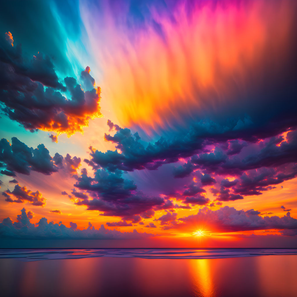 Colorful sunset over calm ocean with orange sun and blue, purple, and pink sky