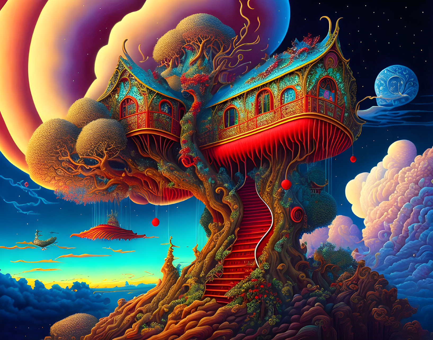 Fantastical treehouse with moon, clouds, and ships