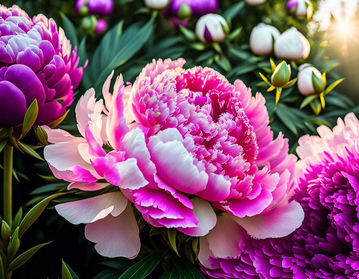 Beautiful pink peonies in full bloom at sunset