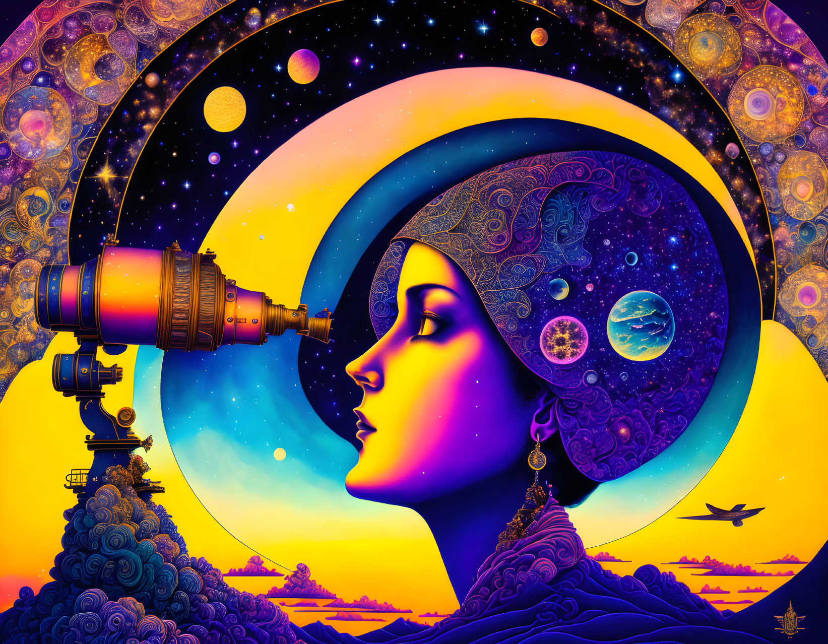 Woman's profile merged with cosmic landscape and telescope in vibrant illustration