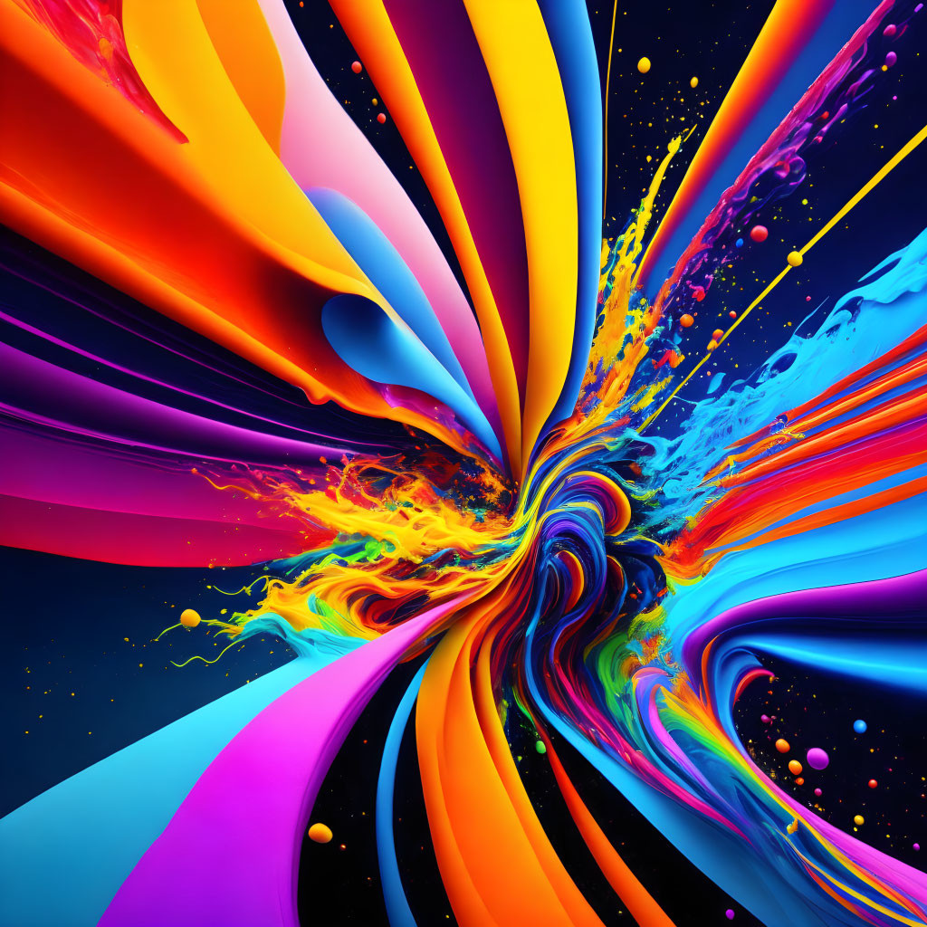 Colorful digital artwork: Dynamic spiral pattern with blue, orange, pink, yellow hues.