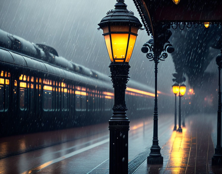 Rainy train platform with vintage train under lit street lamp