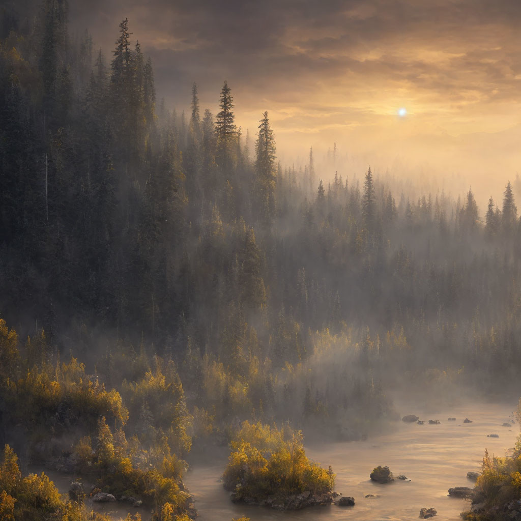 Misty forest sunrise with river and warm sunlight