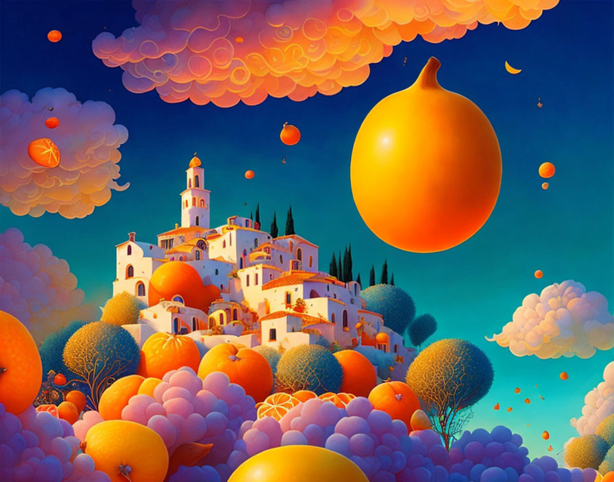 Mediterranean-style village in fantastical landscape with oversized floating oranges at sunset