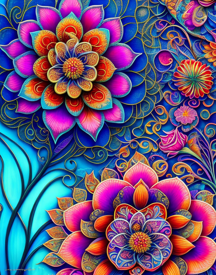 Colorful digital floral art with intricate patterns in blue, pink, orange, and yellow