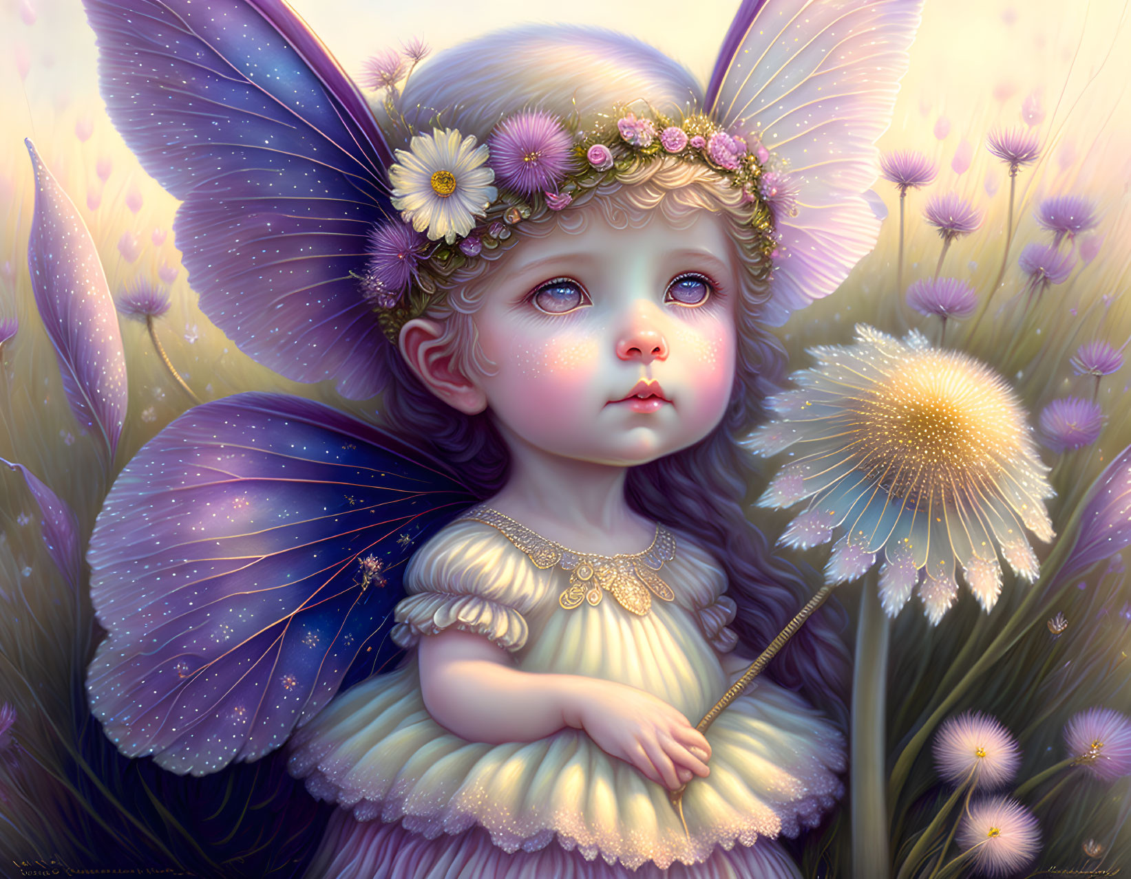 Young fairy with purple wings in a magical flower field