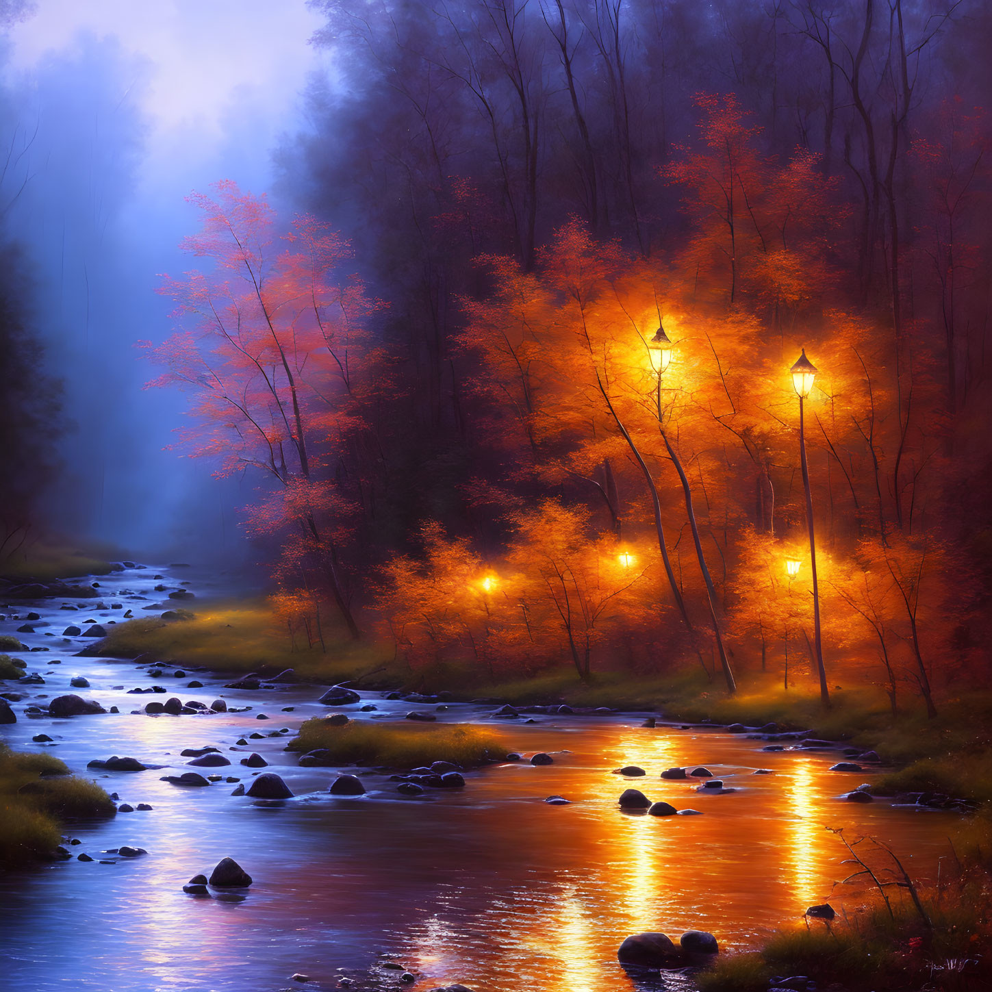 Mystical forest stream with glowing lamp posts and autumn trees