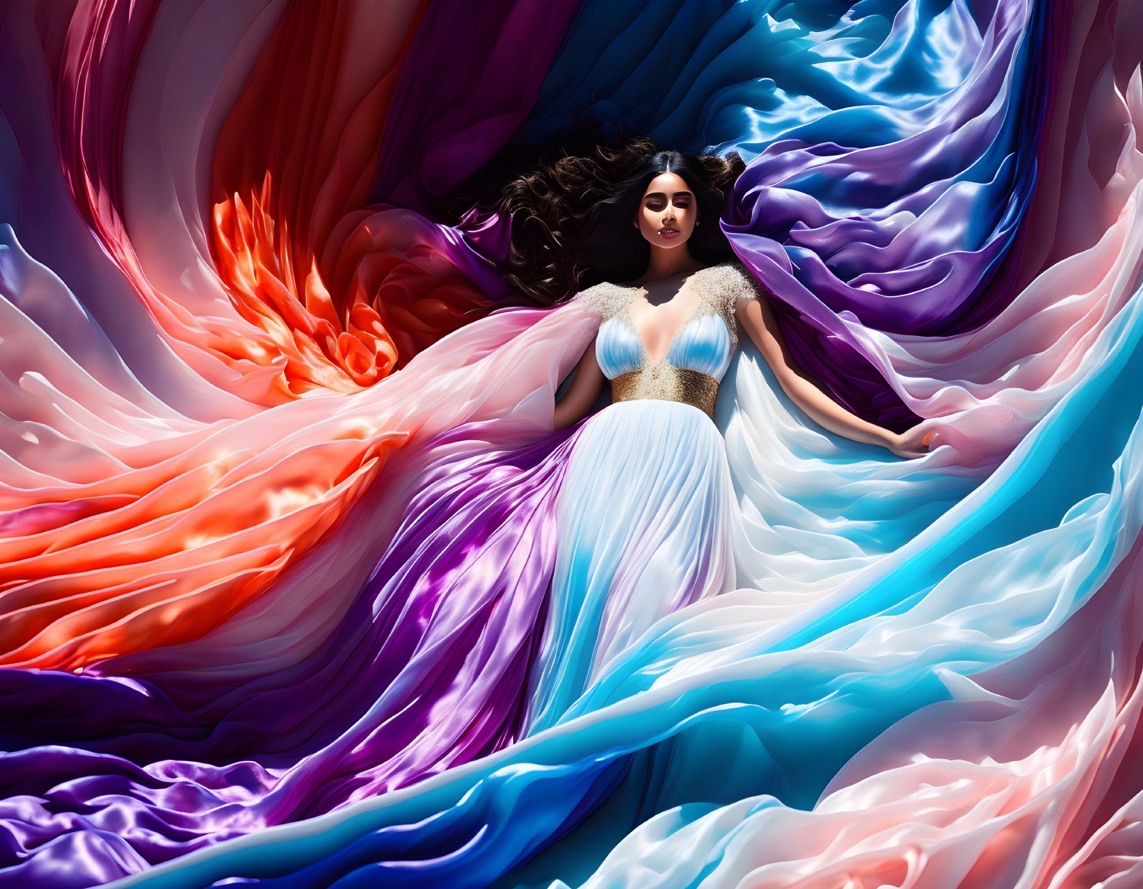 Colorful swirling fabric surrounds woman in vibrant hues