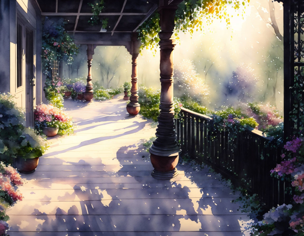 Tranquil Animated Veranda with Flower Pots and Blooming Bushes