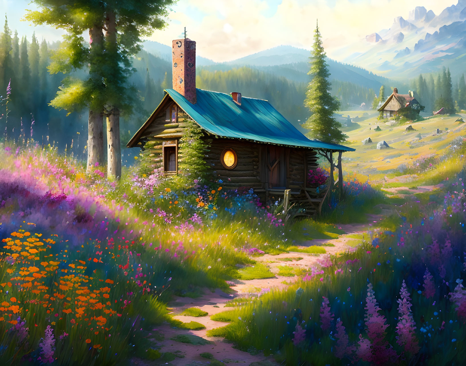 Rustic cabin surrounded by wildflowers and mountains at sunrise