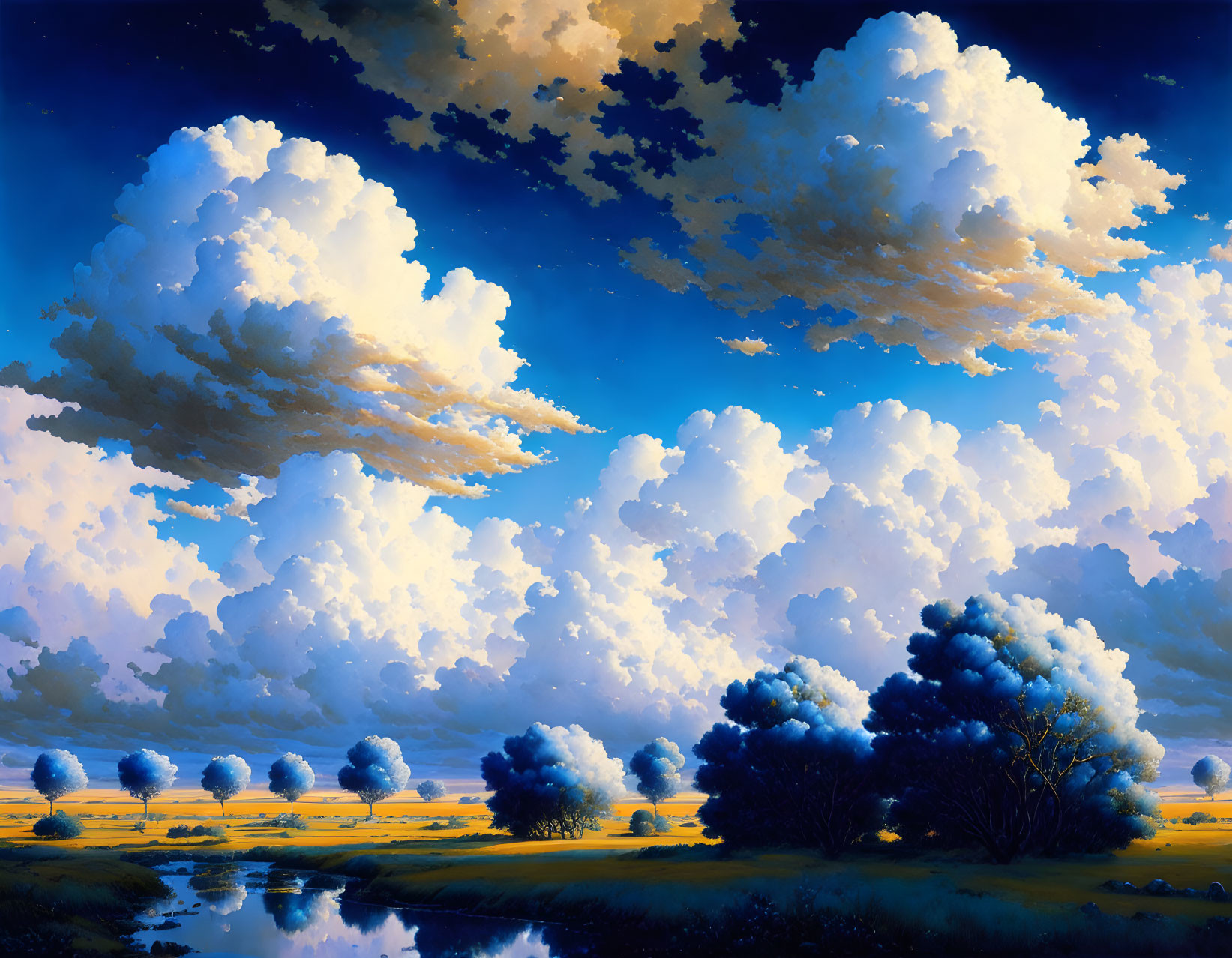 Tranquil landscape with fluffy clouds, blue sky, trees, and water at twilight