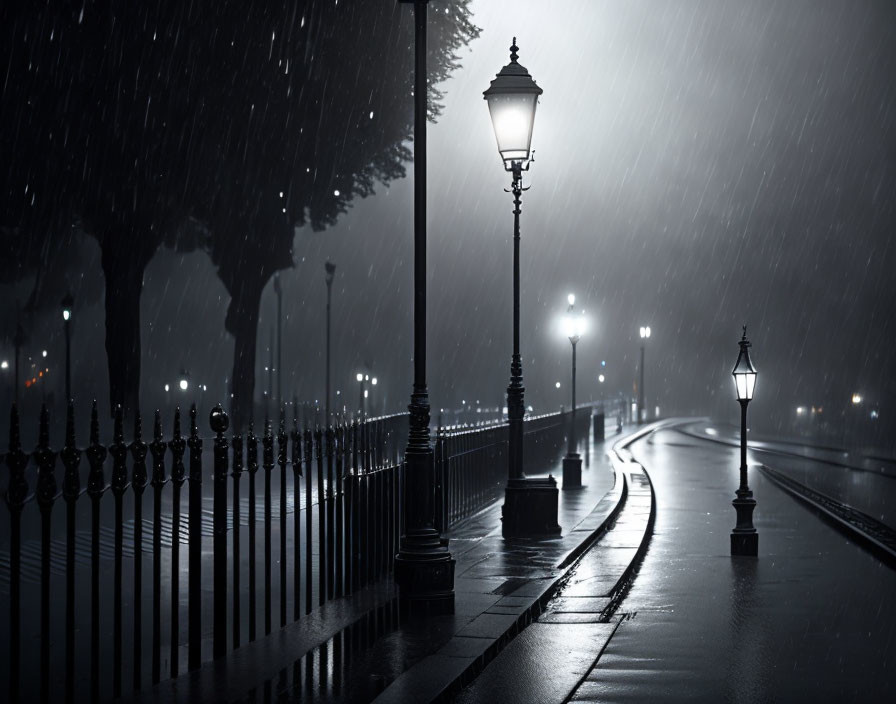 Rainy night scene with street lamps and wet pathway beside wrought iron fence