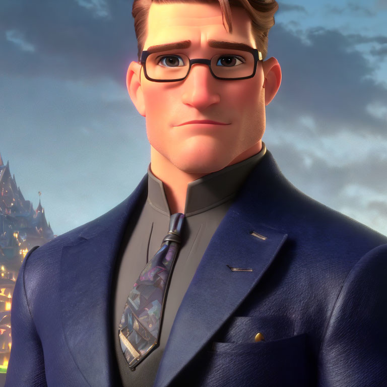 Animated character in glasses, blue suit, tie, and castle backdrop