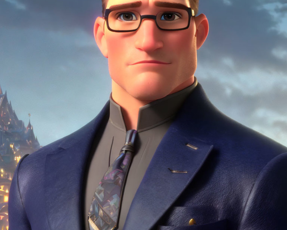 Animated character in glasses, blue suit, tie, and castle backdrop