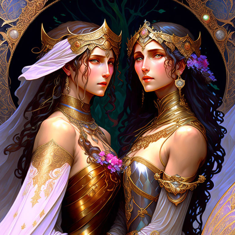 Regal Female Figures with Golden Crowns and Ethereal Background