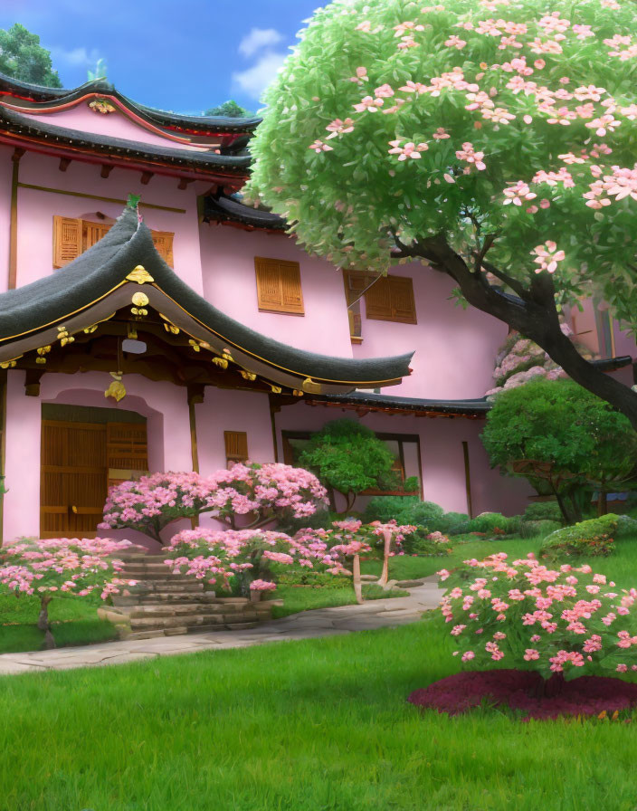 Traditional Asian Building Surrounded by Pink Blossoming Trees