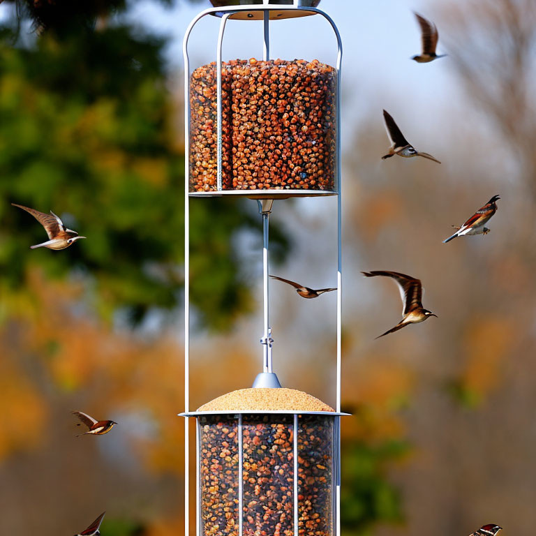  A bird feeder hanging under an apricot tree sparr