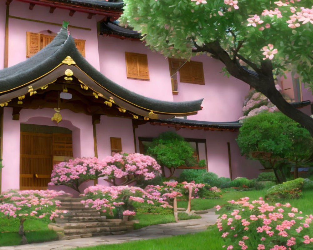 Traditional Asian Building Surrounded by Pink Blossoming Trees