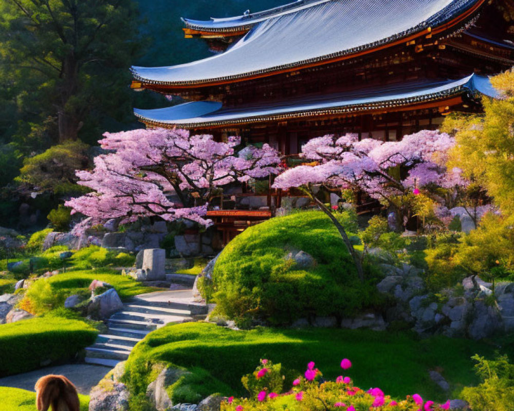 Japanese Temple with Pagoda Roof in Vibrant Garden