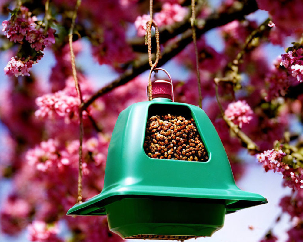 Green bird feeder with seeds hanging among pink cherry blossoms