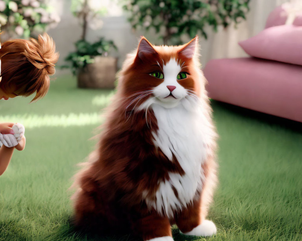 Fluffy brown and white cat with child on grass surrounded by flowers and pink cushion