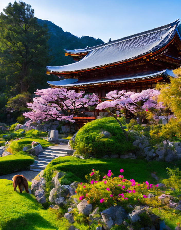 Japanese Temple with Pagoda Roof in Vibrant Garden