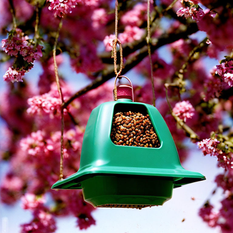 Green bird feeder with seeds hanging among pink cherry blossoms