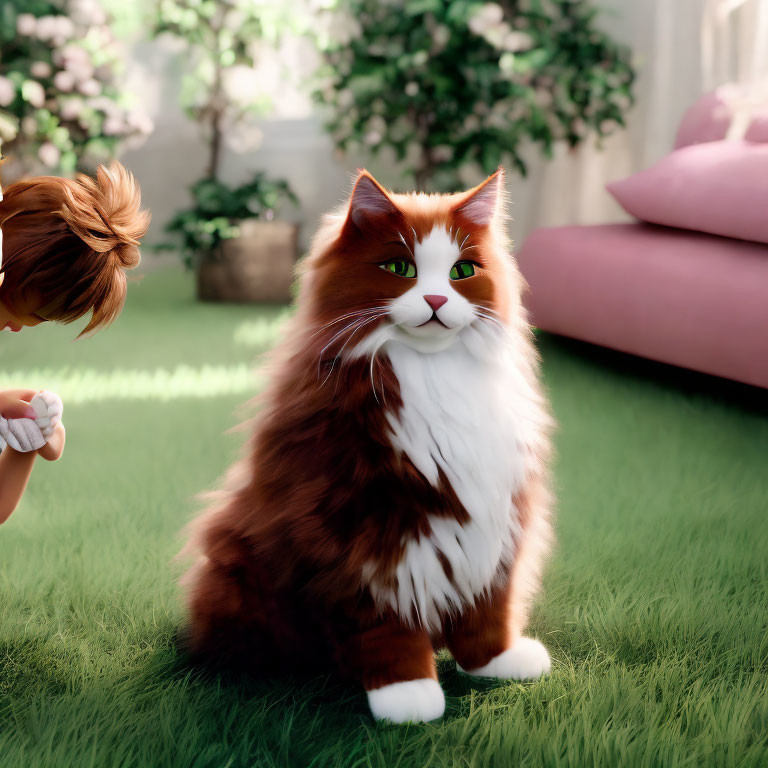 Fluffy brown and white cat with child on grass surrounded by flowers and pink cushion