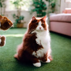 Fluffy brown and white cat with child on grass surrounded by flowers and pink cushion