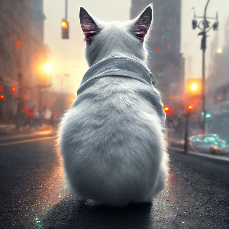 White Cat in Scarf on City Street at Dusk with Glowing Lights