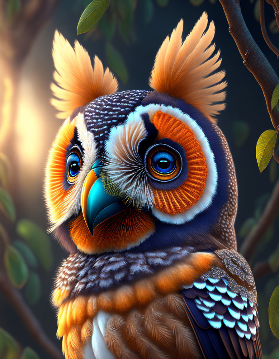 Colorful Stylized Owl Artwork with Feather Patterns on Branch