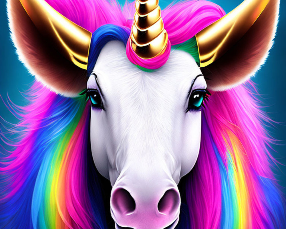 Colorful Unicorn with Rainbow Mane on Blue Background