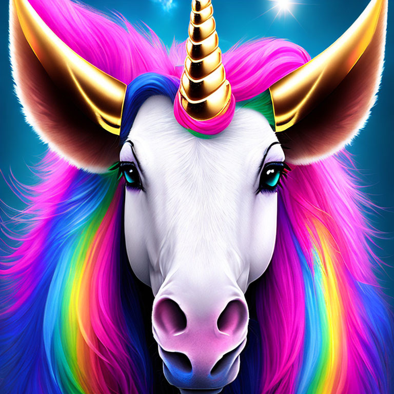 Colorful Unicorn with Rainbow Mane on Blue Background