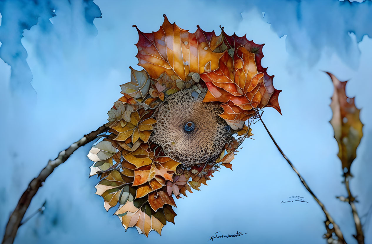 Autumn leaves peacock structure on soft blue background