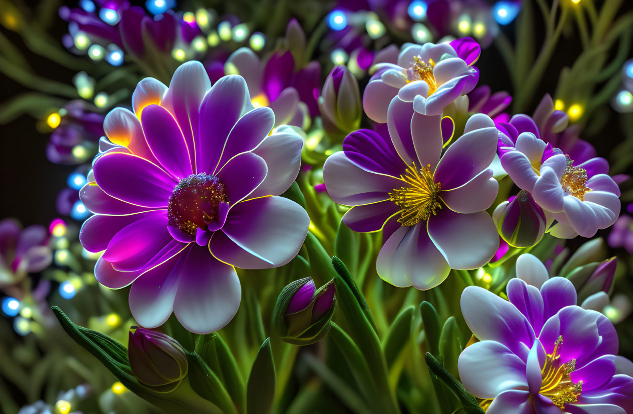 Bright Purple and White Flowers on Dark Background with Glowing Edges