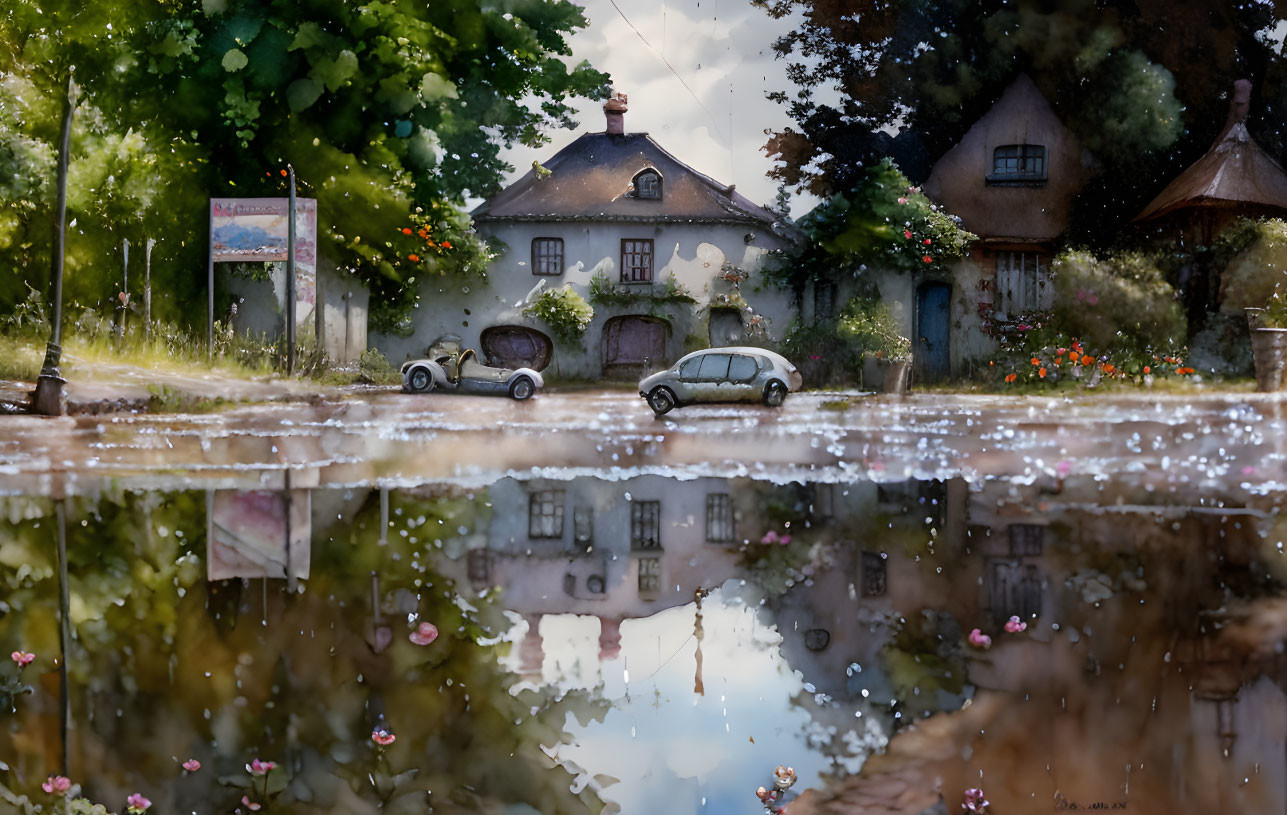 Vintage Cars Parked in Idyllic Village Scene with Water Puddle Reflection