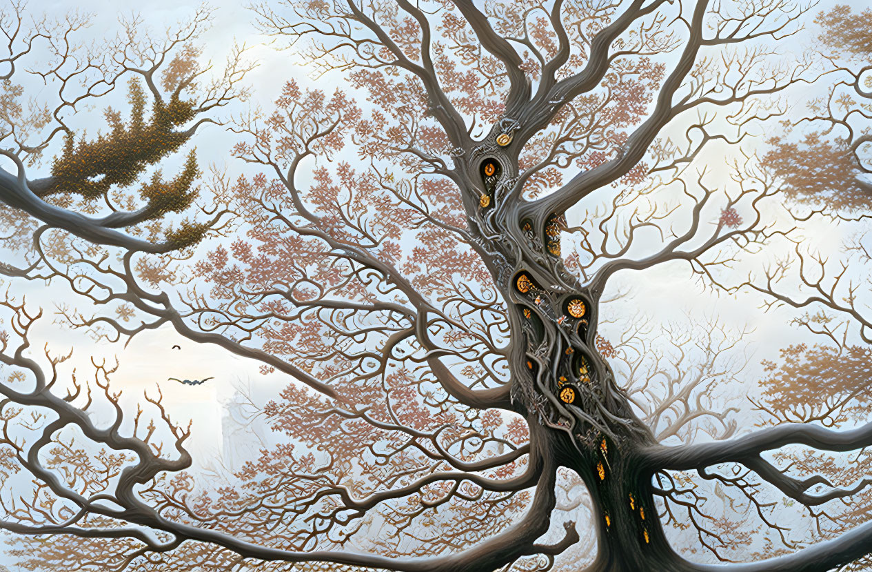 Detailed fantastical tree painting with city silhouettes - artwork description