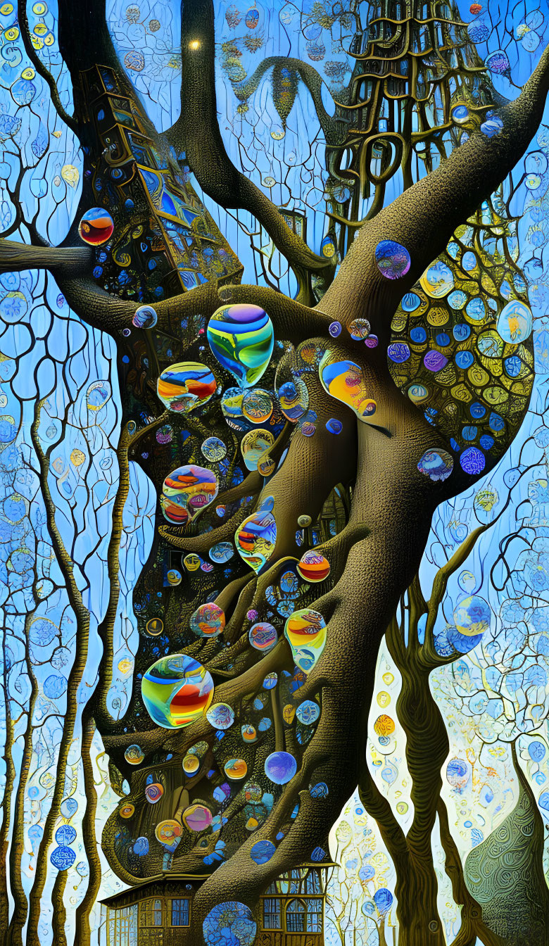 Vibrant surreal landscape with central tree and colorful orbs