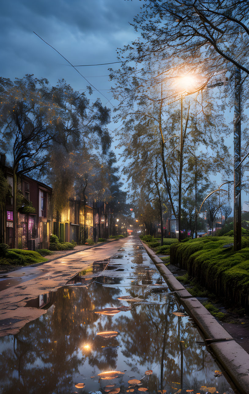 Tranquil street scene with glowing streetlights, tree-lined path, reflective puddles, and twilight