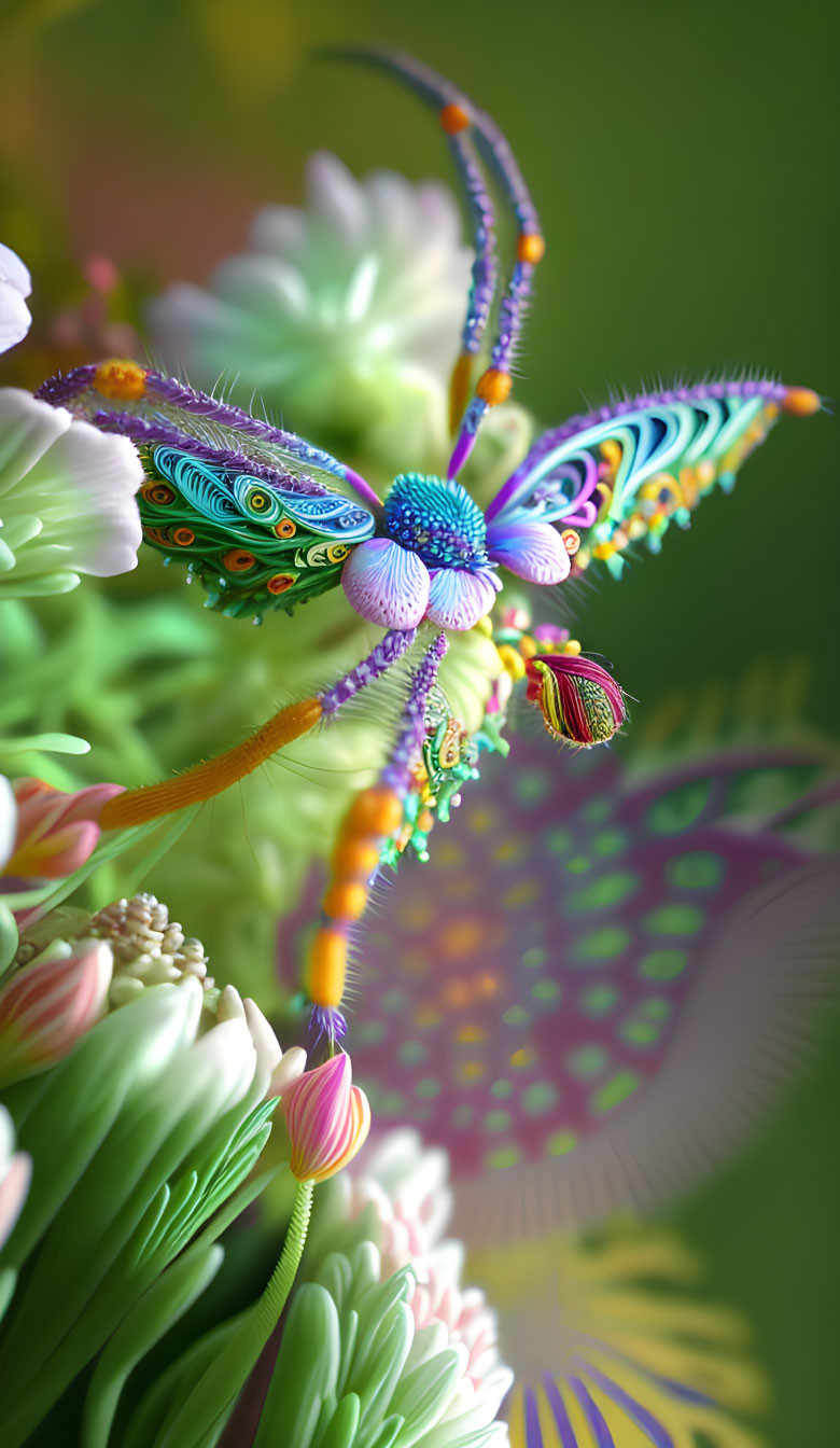 Colorful Fantasy Butterfly Creature with Ornate Wings and Floral Background