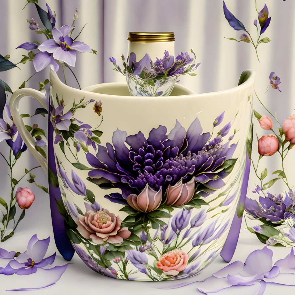 Floral Design Teacup with Purple and Pink Flowers