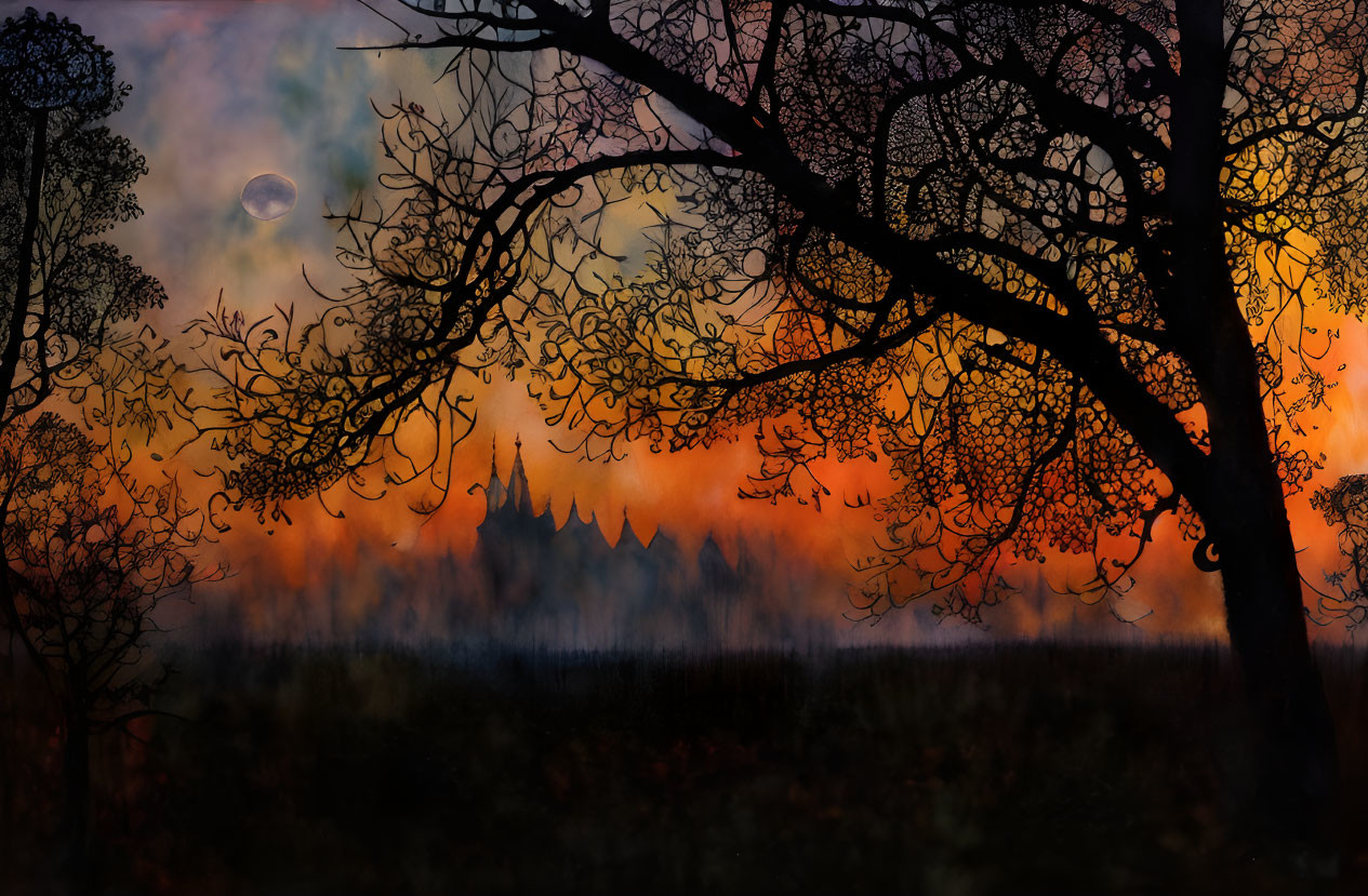 Detailed Tree Silhouettes on Fiery Sky with Moon and Distant Mountains